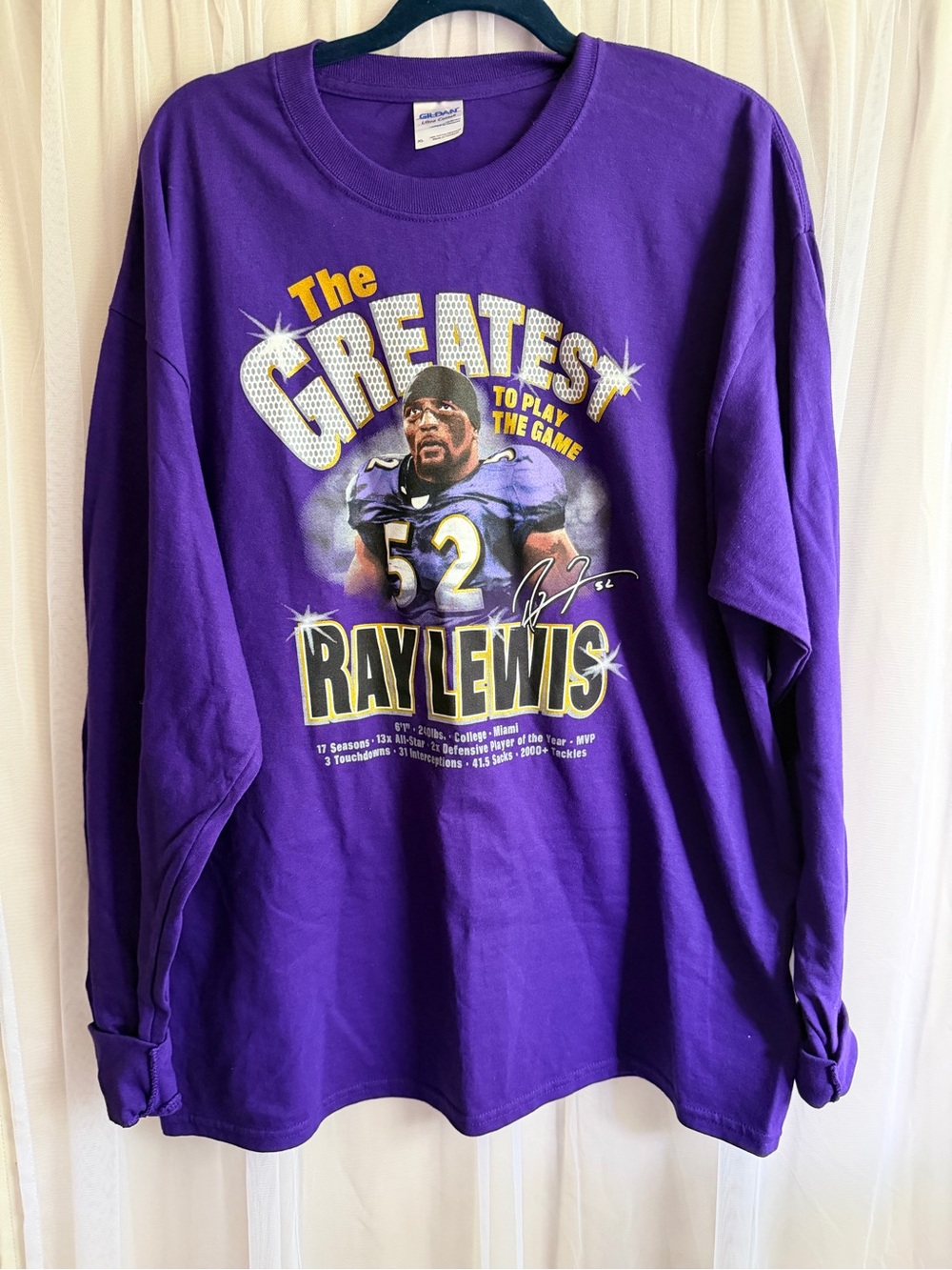 Gildan Purple Ray Lewis 'The Greatest' Long Sleeve Graphic Tee B’more Ravens